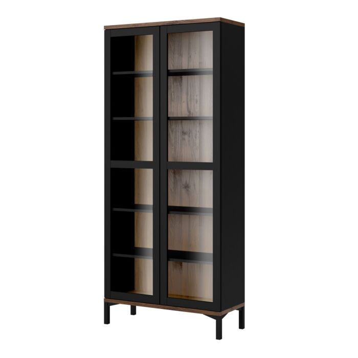 Display Cabinet Glazed 2 Doors In Black And Walnut