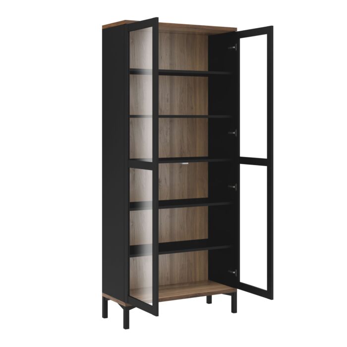 Display Cabinet Glazed 2 Doors In Black And Walnut