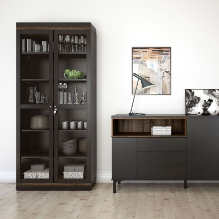 Display Cabinet Glazed 2 Doors In Black And Walnut
