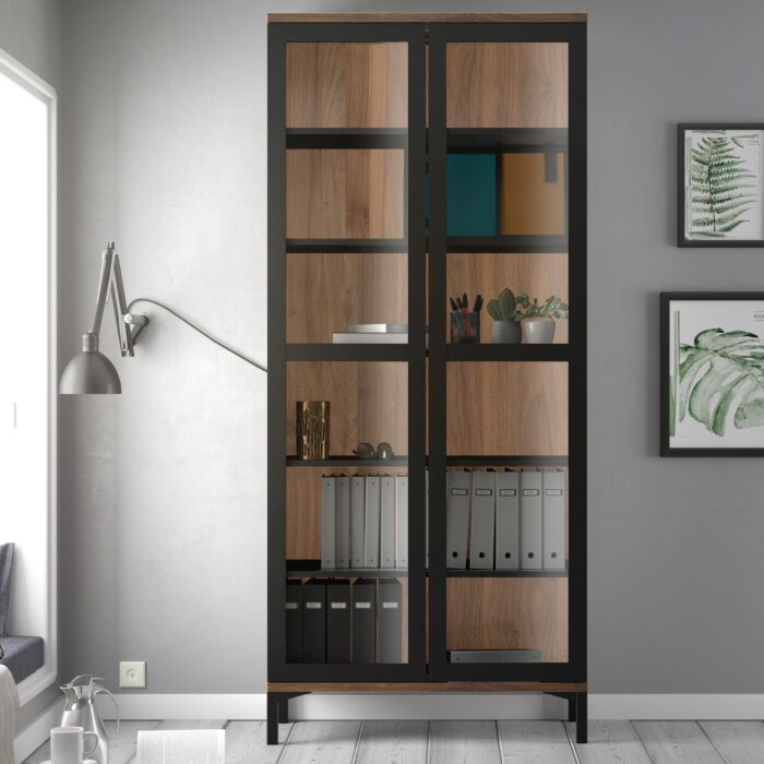 Display Cabinet Glazed 2 Doors In Black And Walnut