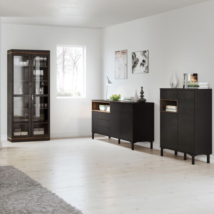 Display Cabinet Glazed 2 Doors In Black And Walnut