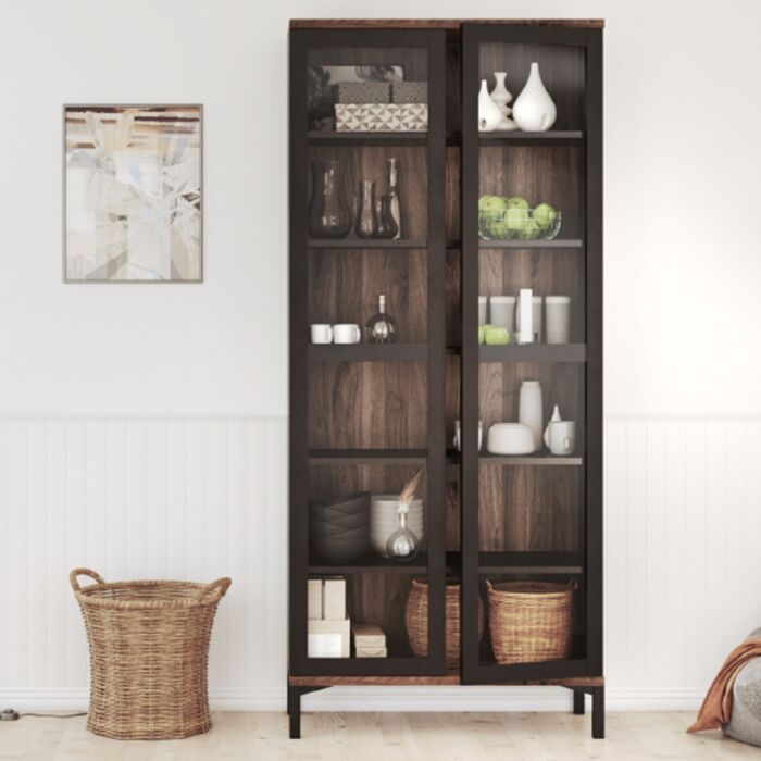 Display Cabinet Glazed 2 Doors In Black And Walnut