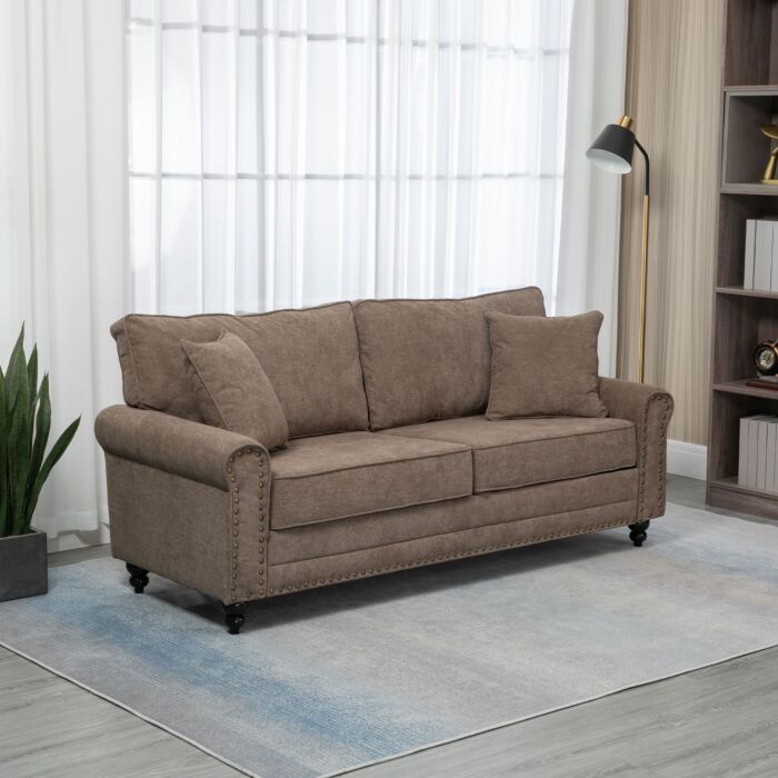 Homcom 2 Seater Sofas, Fabric Sofa With Nailhead Trim, Loveseat With Cushions And Throw Pillows, Brown