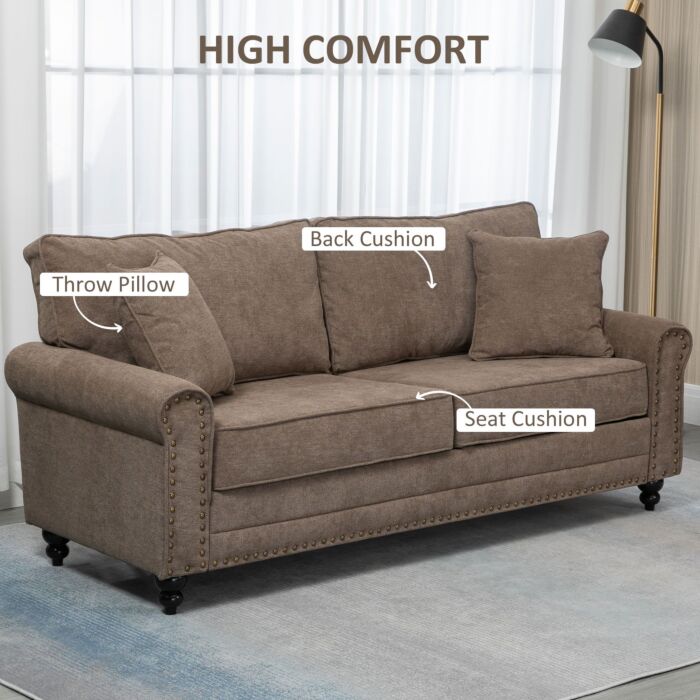 Homcom 2 Seater Sofas, Fabric Sofa With Nailhead Trim, Loveseat With Cushions And Throw Pillows, Brown