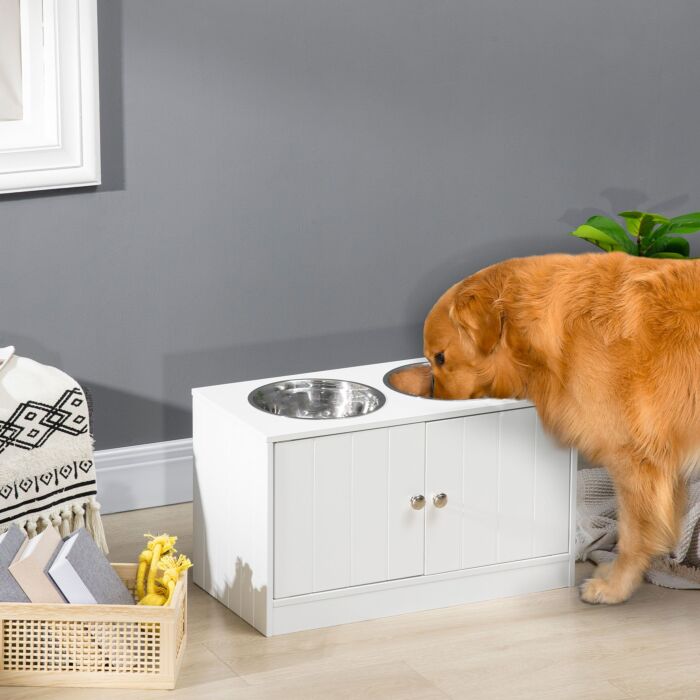 Pawhut Raised Dog Bowls For Large Dogs Pet Feeding Station With Stand, Storage, 2 Stainless Steel Food And Water Bowls, White, 60 X 30 X 35.5 Cm