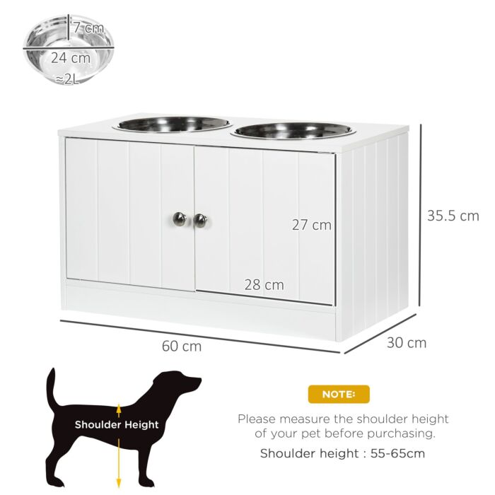 Pawhut Raised Dog Bowls For Large Dogs Pet Feeding Station With Stand, Storage, 2 Stainless Steel Food And Water Bowls, White, 60 X 30 X 35.5 Cm