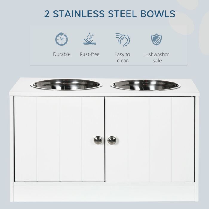 Pawhut Raised Dog Bowls For Large Dogs Pet Feeding Station With Stand, Storage, 2 Stainless Steel Food And Water Bowls, White, 60 X 30 X 35.5 Cm