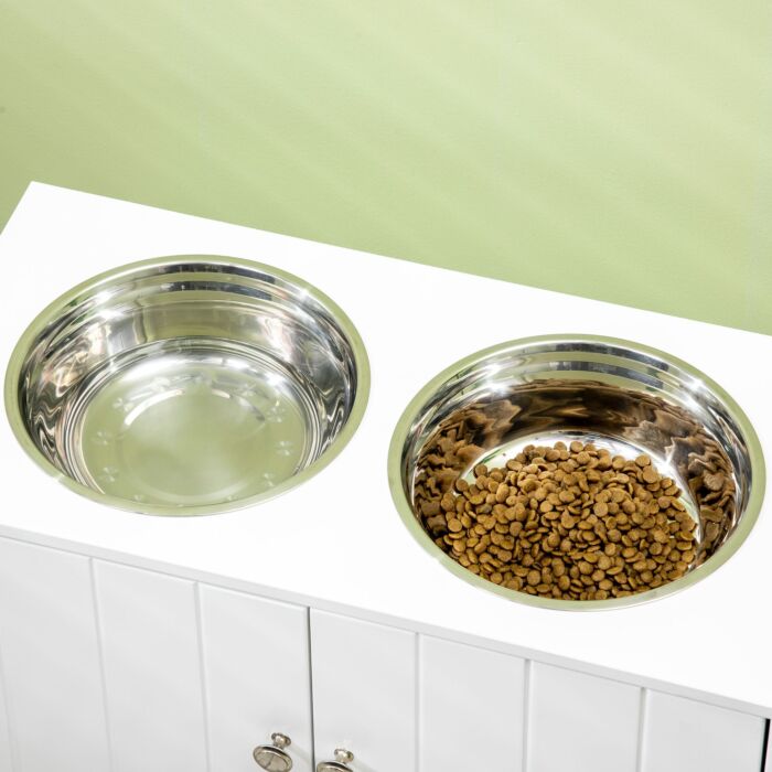 Pawhut Raised Dog Bowls For Large Dogs Pet Feeding Station With Stand, Storage, 2 Stainless Steel Food And Water Bowls, White, 60 X 30 X 35.5 Cm