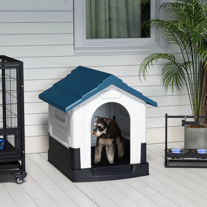 Pawhut Plastic Dog Kennel With Windows, For Garden Patio, Miniature And Small Dogs, 80 X 69 X 76cm - Blue