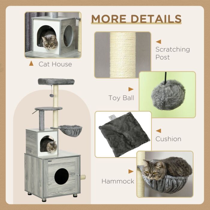 Pawhut Enclosed Cat Litter Box With Cat House, Cat Bed, Scratching Posts, Platforms For Indoor Cats Use, Grey