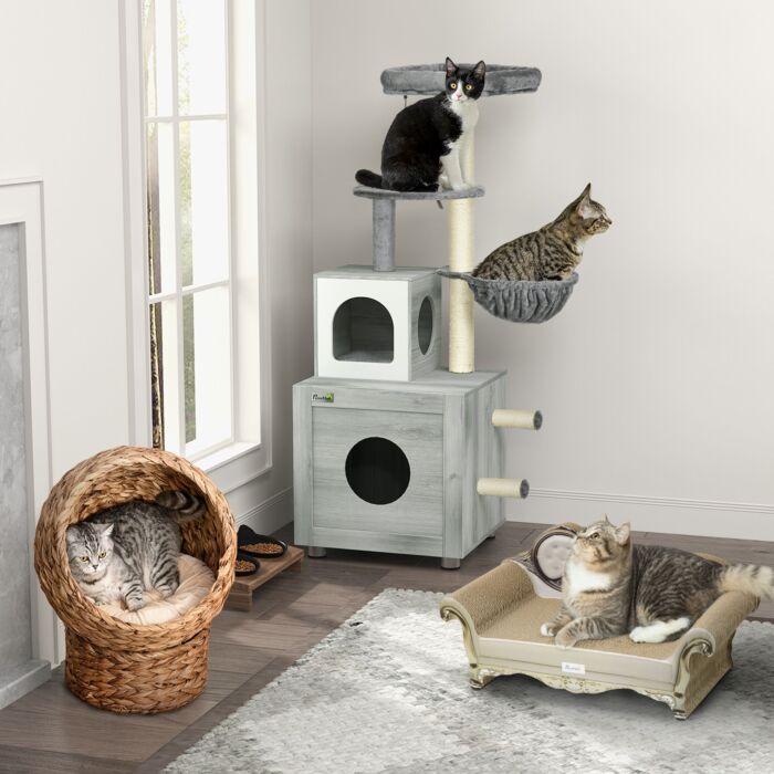 Pawhut Enclosed Cat Litter Box With Cat House, Cat Bed, Scratching Posts, Platforms For Indoor Cats Use, Grey