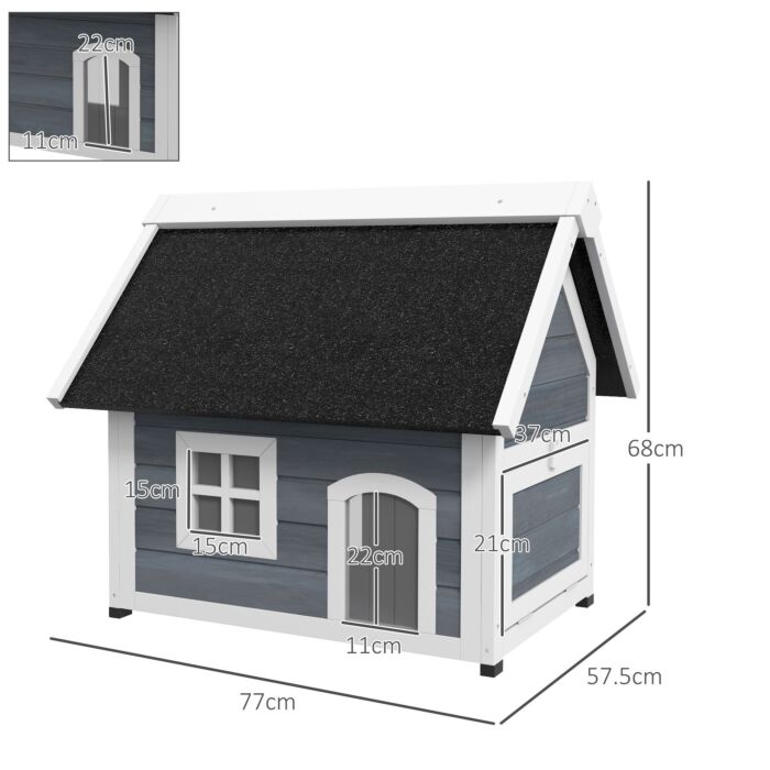 Pawhut Outdoor Cat House, Wooden Feral Cat Shelter Waterproof Hide House With Openable Asphalt Roof And Three Doors, 77 X 57.5 X 68cm, Grey