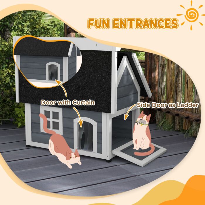 Pawhut Outdoor Cat House, Wooden Feral Cat Shelter Waterproof Hide House With Openable Asphalt Roof And Three Doors, 77 X 57.5 X 68cm, Grey