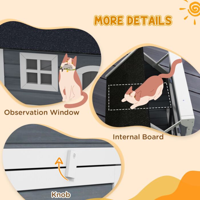 Pawhut Outdoor Cat House, Wooden Feral Cat Shelter Waterproof Hide House With Openable Asphalt Roof And Three Doors, 77 X 57.5 X 68cm, Grey