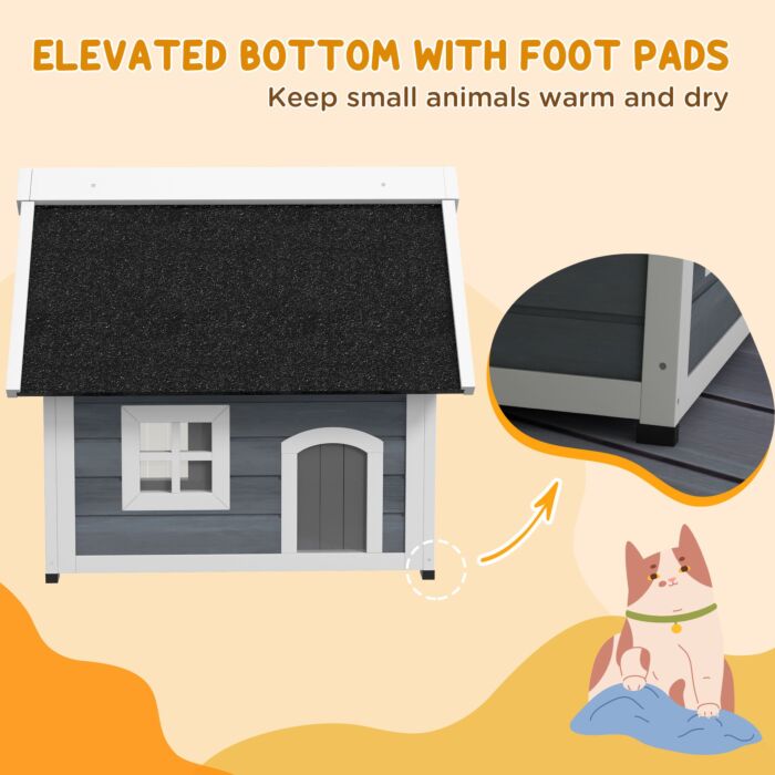 Pawhut Outdoor Cat House, Wooden Feral Cat Shelter Waterproof Hide House With Openable Asphalt Roof And Three Doors, 77 X 57.5 X 68cm, Grey