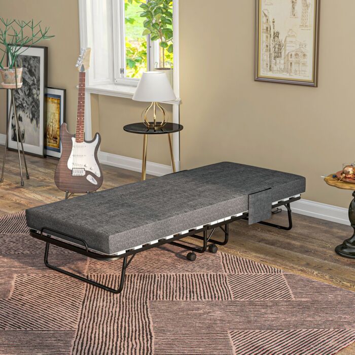 Homcom Folding Bed With Mattress, Foldable Guest Bed On Wheels, Portable Single Bed With 10cm Mattress, Side Pockets, Cover, 190 X 80cm, Dark Grey