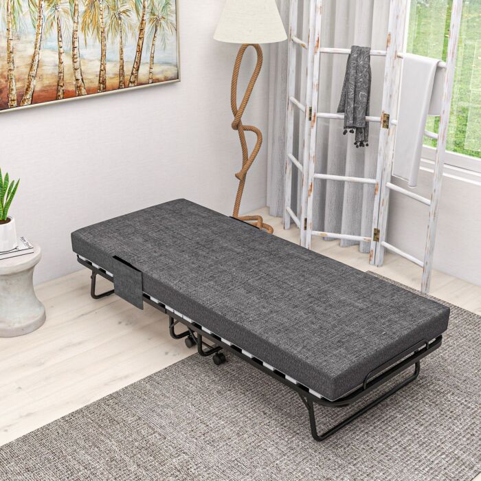Homcom Folding Bed With Mattress, Foldable Guest Bed On Wheels, Portable Single Bed With 10cm Mattress, Side Pockets, Cover, 190 X 80cm, Dark Grey