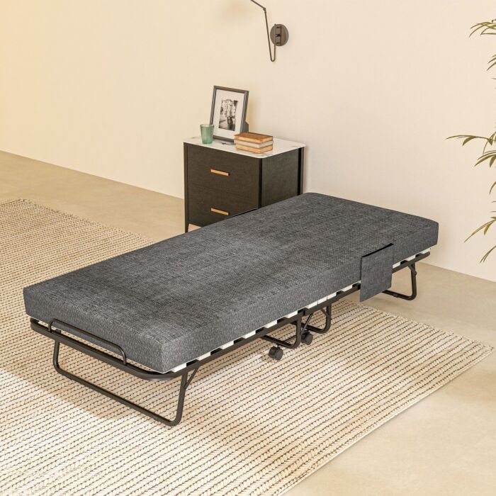 Homcom Folding Bed With Mattress, Foldable Guest Bed On Wheels, Portable Single Bed With 10cm Mattress, Side Pockets, Cover, 190 X 80cm, Dark Grey
