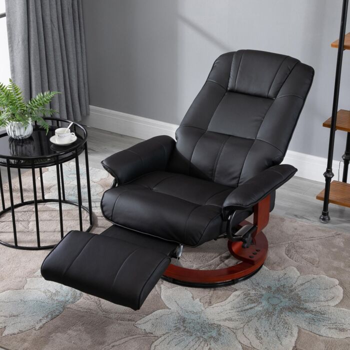 Homcom Manual Recliner Chair Armchair Sofa With Faux Leather Upholstered Wooden Base, Black