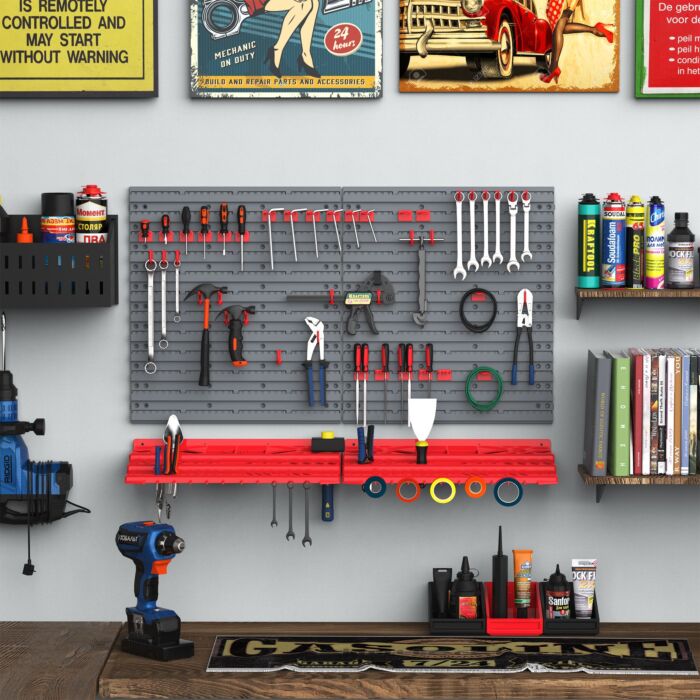 Durhand 54 Pcs On-wall Tool Organizer Wall Equipment Holding Pegboard Home Diy Garage Organiser Diy W/ 50 Pegs 2 Shelves