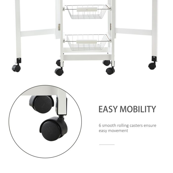 Homcom Drop-leaf Kitchen Trolley W/ 3 Baskets Drawer Surface Top 6 Wheels Rolling Storage Unit Kitchen Home Dining Cart White Oak Tone