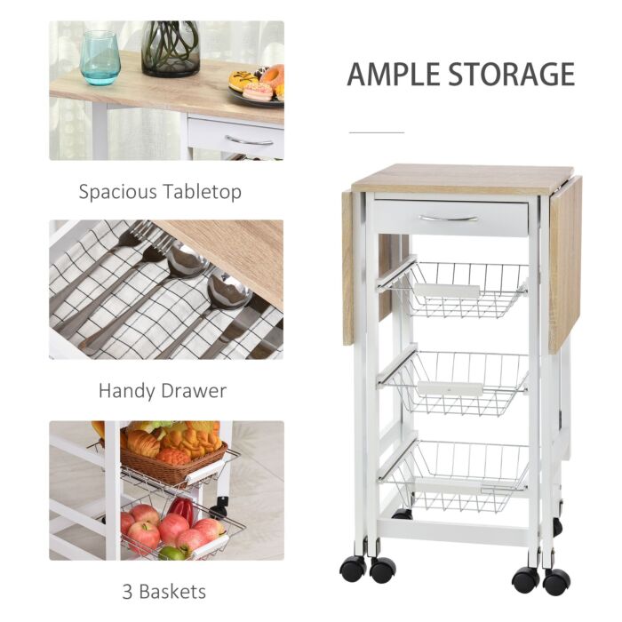Homcom Drop-leaf Kitchen Trolley W/ 3 Baskets Drawer Surface Top 6 Wheels Rolling Storage Unit Kitchen Home Dining Cart White Oak Tone
