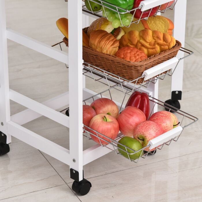 Homcom Drop-leaf Kitchen Trolley W/ 3 Baskets Drawer Surface Top 6 Wheels Rolling Storage Unit Kitchen Home Dining Cart White Oak Tone