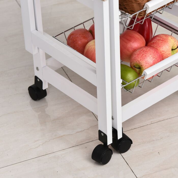 Homcom Drop-leaf Kitchen Trolley W/ 3 Baskets Drawer Surface Top 6 Wheels Rolling Storage Unit Kitchen Home Dining Cart White Oak Tone