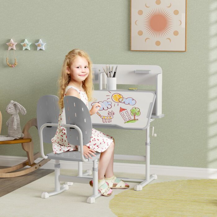Aiyaplay Height Adjustable Kids Desk And Chair Set, Children School Study Desk With Tiltable Desktop, Reading Rack, Grey