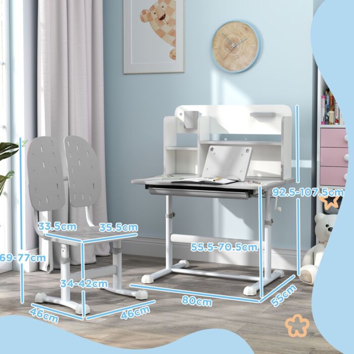 Aiyaplay Height Adjustable Kids Desk And Chair Set, Children School Study Desk With Tiltable Desktop, Reading Rack, Grey