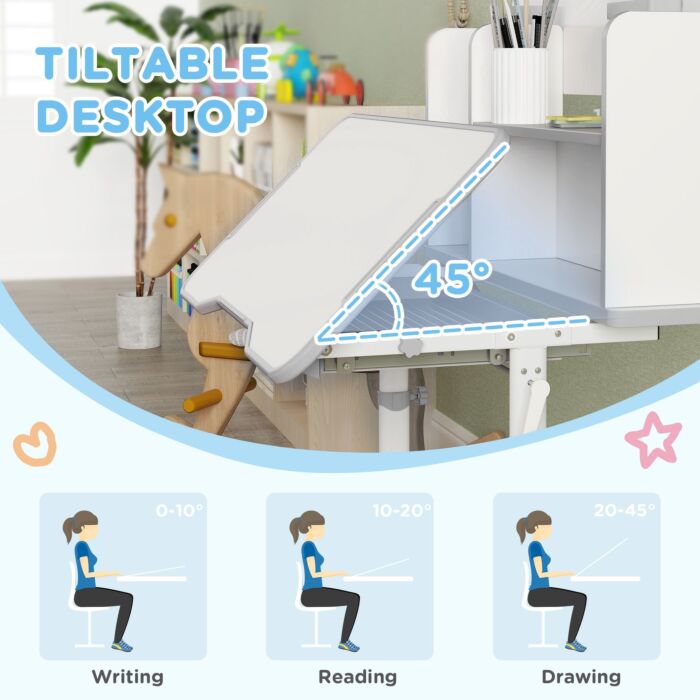 Aiyaplay Height Adjustable Kids Desk And Chair Set, Children School Study Desk With Tiltable Desktop, Reading Rack, Grey