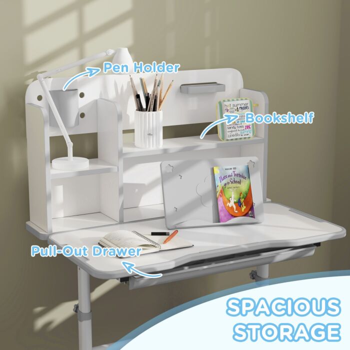 Aiyaplay Height Adjustable Kids Desk And Chair Set, Children School Study Desk With Tiltable Desktop, Reading Rack, Grey