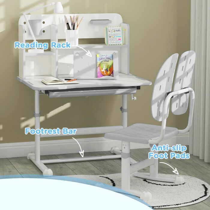 Aiyaplay Height Adjustable Kids Desk And Chair Set, Children School Study Desk With Tiltable Desktop, Reading Rack, Grey