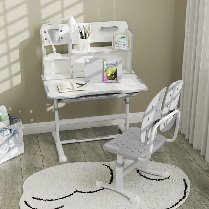 Aiyaplay Height Adjustable Kids Desk And Chair Set, Children School Study Desk With Tiltable Desktop, Reading Rack, Grey