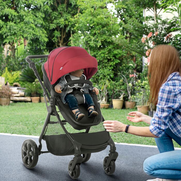 Homcom 2 In 1 Lightweight Pushchair W/ Reversible Seat, Foldable Travel Baby Stroller W/ Fully Reclining From Birth To 3 Years, 5-point Harness Red