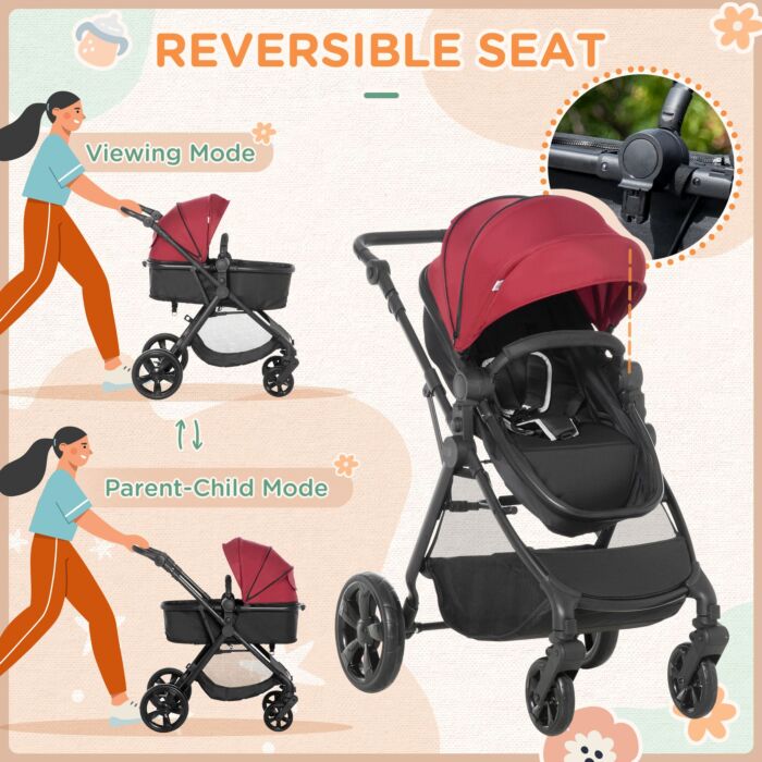 Homcom 2 In 1 Lightweight Pushchair W/ Reversible Seat, Foldable Travel Baby Stroller W/ Fully Reclining From Birth To 3 Years, 5-point Harness Red