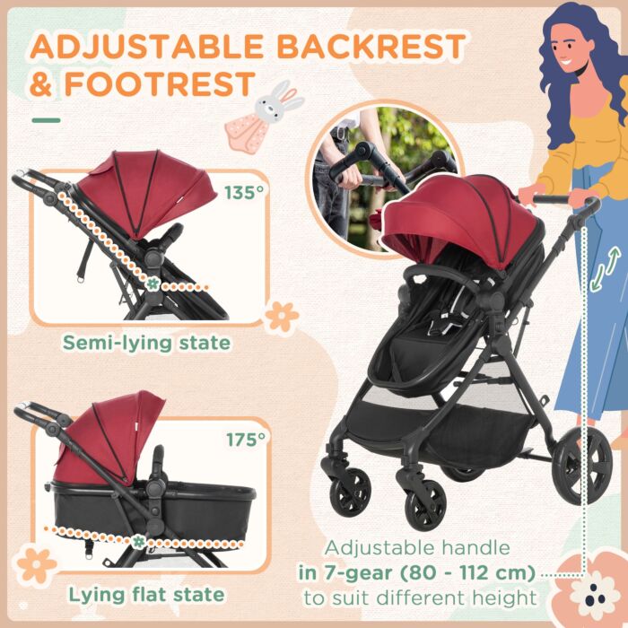 Homcom 2 In 1 Lightweight Pushchair W/ Reversible Seat, Foldable Travel Baby Stroller W/ Fully Reclining From Birth To 3 Years, 5-point Harness Red