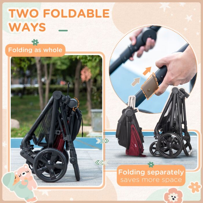 Homcom 2 In 1 Lightweight Pushchair W/ Reversible Seat, Foldable Travel Baby Stroller W/ Fully Reclining From Birth To 3 Years, 5-point Harness Red