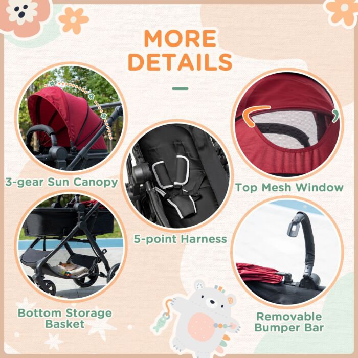Homcom 2 In 1 Lightweight Pushchair W/ Reversible Seat, Foldable Travel Baby Stroller W/ Fully Reclining From Birth To 3 Years, 5-point Harness Red