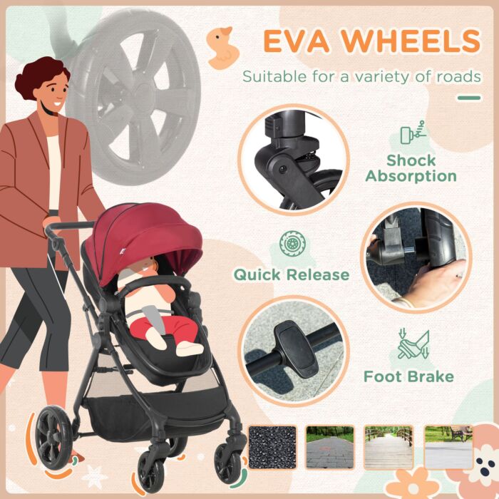 Homcom 2 In 1 Lightweight Pushchair W/ Reversible Seat, Foldable Travel Baby Stroller W/ Fully Reclining From Birth To 3 Years, 5-point Harness Red