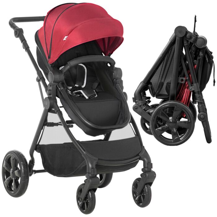 Homcom 2 In 1 Lightweight Pushchair W/ Reversible Seat, Foldable Travel Baby Stroller W/ Fully Reclining From Birth To 3 Years, 5-point Harness Red