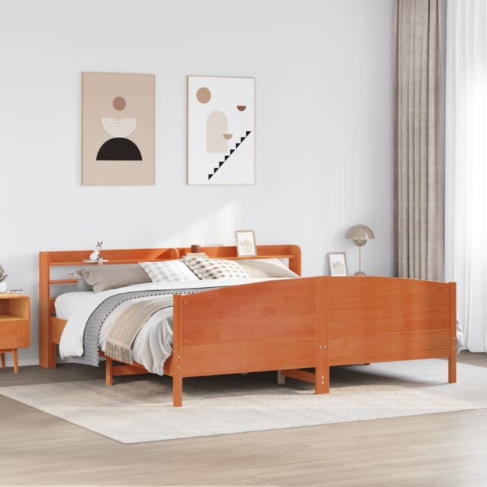 Vidaxl Bed Frame With Headboard Wax Brown 180x200 Cm Super King Solid Wood Pine