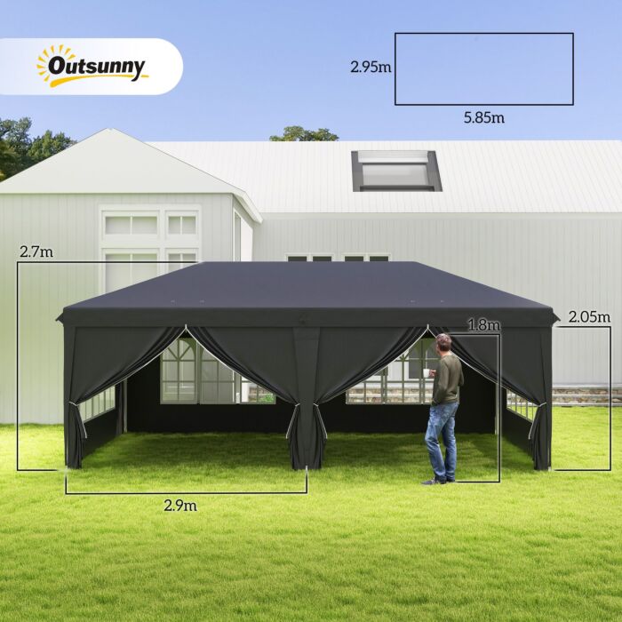 Outsunny 3 X 6 M Pop Up Gazebo With Sides And Windows, Height Adjustable Party Tent With Storage Bag, Event, Black