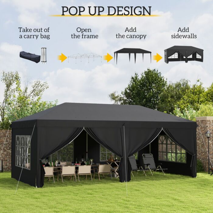 Outsunny 3 X 6 M Pop Up Gazebo With Sides And Windows, Height Adjustable Party Tent With Storage Bag, Event, Black