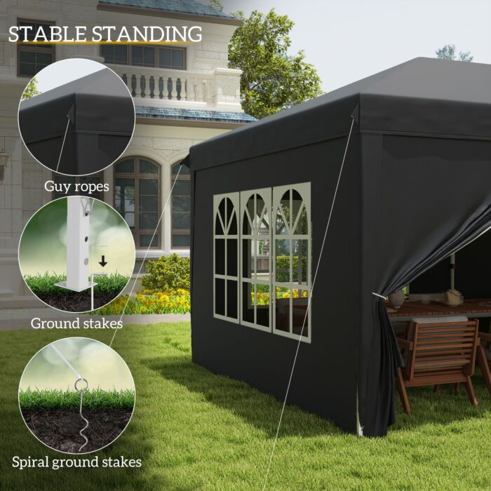 Outsunny 3 X 6 M Pop Up Gazebo With Sides And Windows, Height Adjustable Party Tent With Storage Bag, Event, Black