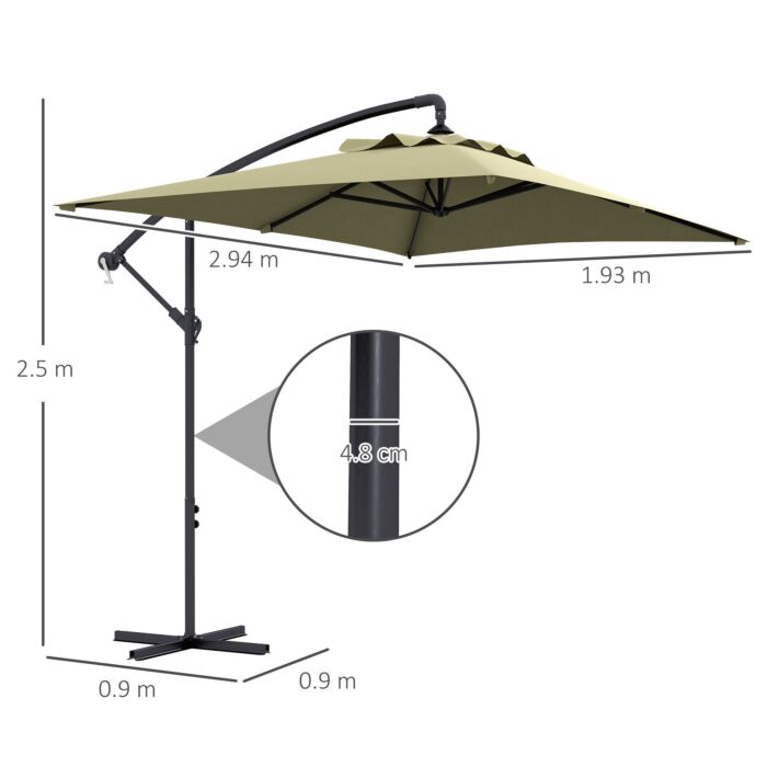 Outsunny 3x2m Cantilever Parasol With Cross Base, Banana Parasol With Crank Handle And 6 Ribs, Rectangular Hanging Patio Umbrella