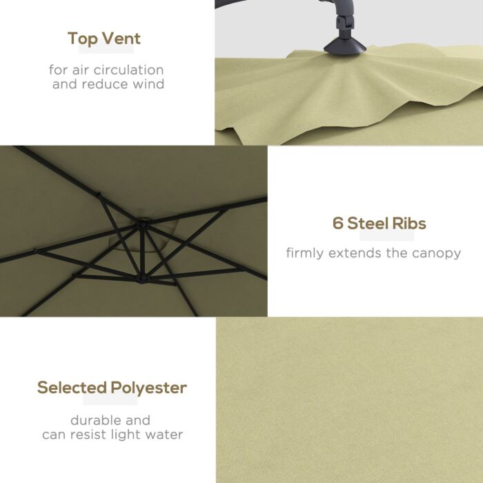 Outsunny 3x2m Cantilever Parasol With Cross Base, Banana Parasol With Crank Handle And 6 Ribs, Rectangular Hanging Patio Umbrella