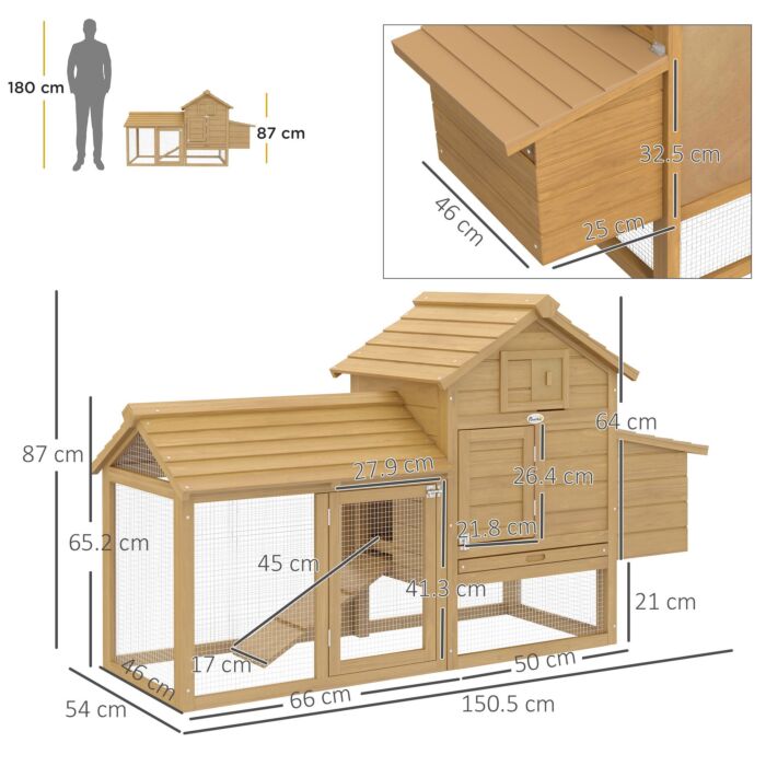 Pawhut Chicken Coop Hen Cage Small Animal Hutch Nesting Box W/outdoor Run 150.5 X 54 X 87 Cm