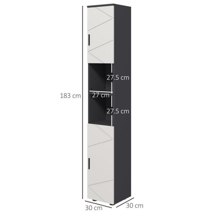 Kleankin 183cm Tall Bathroom Cabinet, Narrow Bathroom Storage Cabinet W/ Open Shelves, 2 Doors Cabinets, Adjustable Shelves, Grey