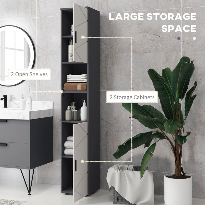Kleankin 183cm Tall Bathroom Cabinet, Narrow Bathroom Storage Cabinet W/ Open Shelves, 2 Doors Cabinets, Adjustable Shelves, Grey